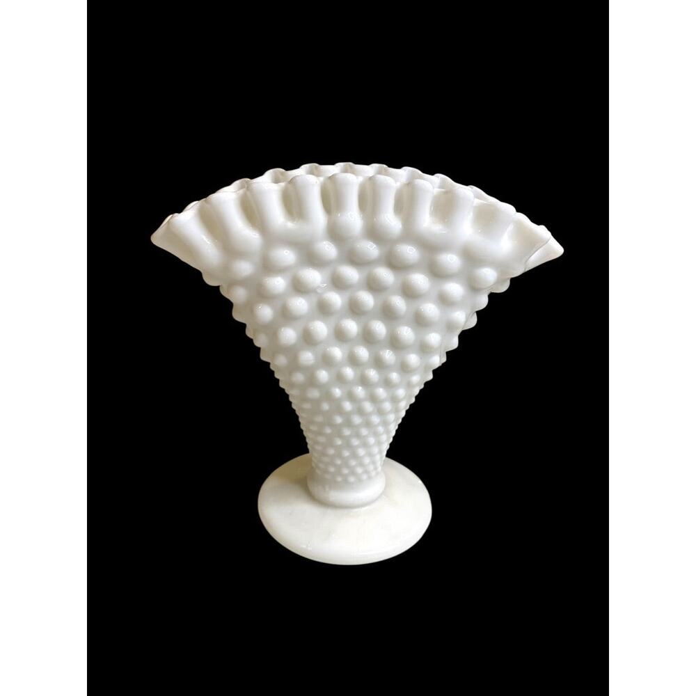 Vintage Fenton Milkglass Hobnail Fan Vase Crimped 5.5"